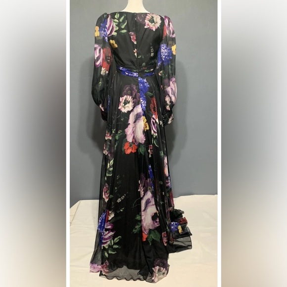 Mac Duggal Sz 2 Black Floral Print Chiffon Long Sleeve Maxi Dress - Picture 8 of 11
